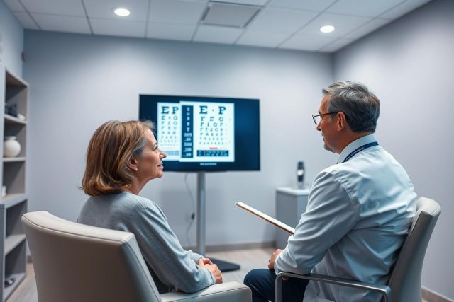 Eye exam in a modern clinic. A woman is undergoing a vision test with an optometrist, viewed against a digital eye chart on a screen. Healthcare, vision care, and medical examination concepts are highlighted in this clinical setting.