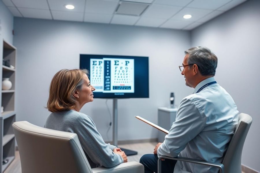 Eye exam in a modern clinic. A woman is undergoing a vision test with an optometrist, viewed against a digital eye chart on a screen. Healthcare, vision care, and medical examination concepts are highlighted in this clinical setting.