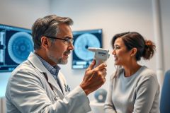Optometrist examining a patient's eyes in a modern clinic. The doctor uses a diagnostic device, with eye charts visible in the background. Healthcare, eye care, and medical examination themes are prominent. Cool colors and a professional setting are key elements.