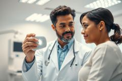 Doctor examining a patient in a modern clinic. A male physician in a white coat uses a handheld device while discussing results with a female patient. Healthcare, medical checkup, and patient care concepts are depicted in a bright, clean environment.