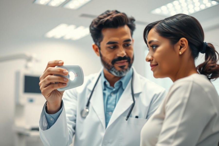 Doctor examining a patient in a modern clinic. A male physician in a white coat uses a handheld device while discussing results with a female patient. Healthcare, medical checkup, and patient care concepts are depicted in a bright, clean environment.