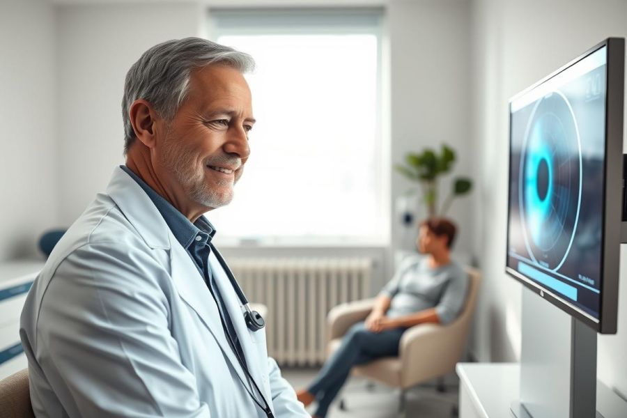 Doctor examining patient's eye scan in a bright, modern clinic. Healthcare professional, medical diagnosis, eye health, and technology are key elements. Blue and white tones dominate the scene.