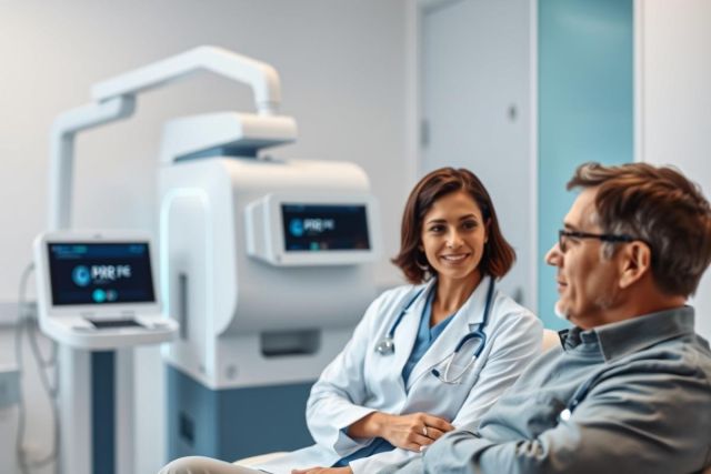 A female doctor in a white coat consults with a patient in a modern medical clinic. Diagnostic imaging equipment is visible in the background. A scene of healthcare, patient care, and medical technology with bright, clean colors and a professional atmosphere.
