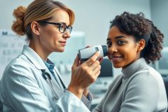 Doctor examining a patient's eye with an ophthalmoscope in a bright, modern clinic. The scene depicts a healthcare professional performing an eye exam, showcasing medical care and patient consultation. Focus is on eye health and professional medical service.