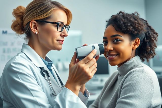Doctor examining a patient's eye with an ophthalmoscope in a bright, modern clinic. The scene depicts a healthcare professional performing an eye exam, showcasing medical care and patient consultation. Focus is on eye health and professional medical service.