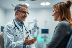 Doctor in white coat consults with a patient in a modern clinic. The scene features a professional medical setting with diagnostic equipment, showcasing a healthcare consultation. Warm and cool tones create a calming atmosphere.