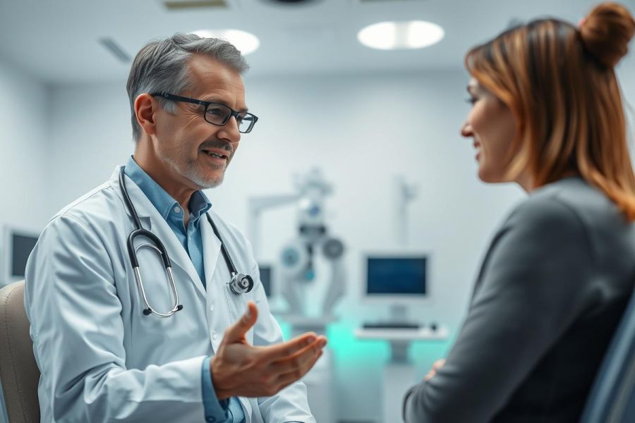 Doctor in white coat consults with a patient in a modern clinic. The scene features a professional medical setting with diagnostic equipment, showcasing a healthcare consultation. Warm and cool tones create a calming atmosphere.