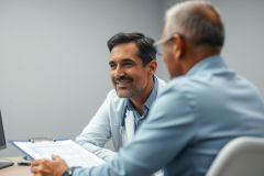 Doctor consults with a senior patient in a modern medical office. The image shows a caring healthcare professional reviewing documents while speaking with an older man, conveying trust and patient care. 
