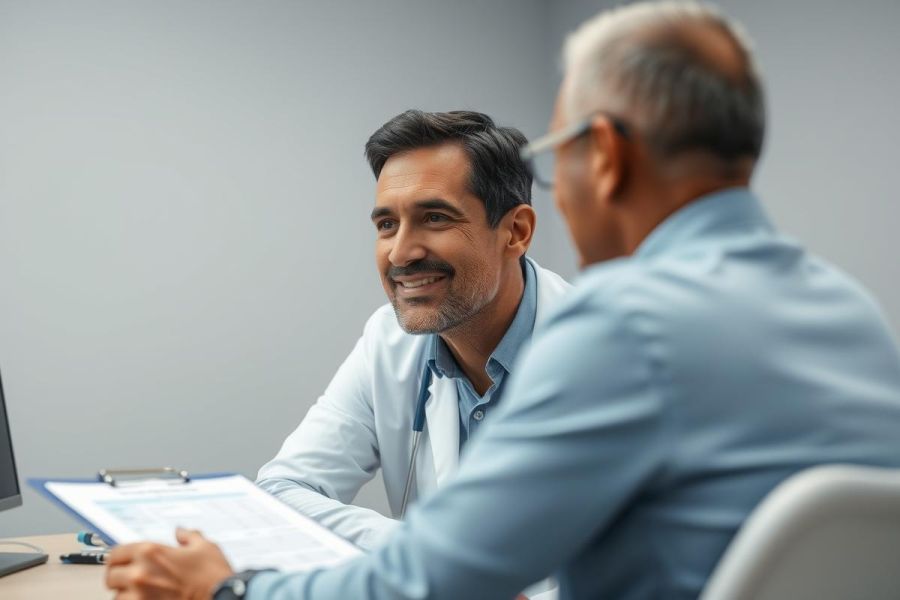 Doctor consults with a senior patient in a modern medical office. The image shows a caring healthcare professional reviewing documents while speaking with an older man, conveying trust and patient care.