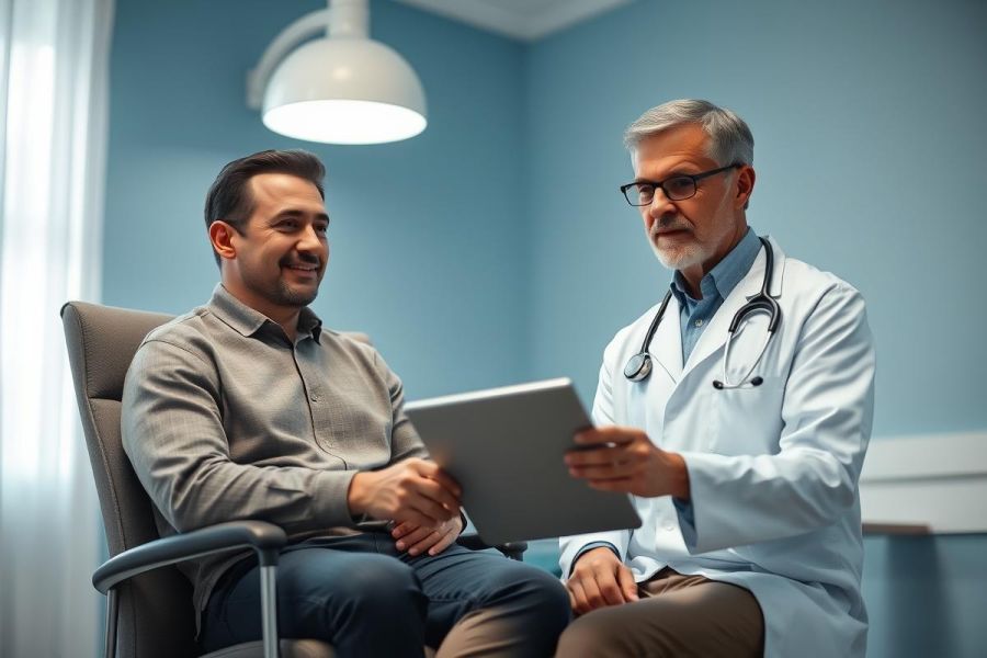 Doctor consults with a patient in a modern clinic. A male physician wearing a white coat and stethoscope shows a tablet to a smiling patient. Blue walls and bright lighting create a professional healthcare setting. Focus on medical consultation and digital health.