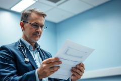 A focused male doctor in a blue suit and stethoscope examines medical charts in a bright, modern clinic. The image showcases healthcare, patient records, and professional medical consultation with a calming blue color palette.