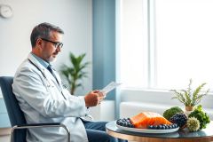 Doctor in white coat reviewing documents with a healthy food arrangement on a table nearby. The scene features fresh salmon, blueberries, and leafy greens against a bright, modern office backdrop. Focus on nutrition, healthcare, and wellness.