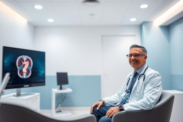 A smiling male doctor in a modern medical office consults with a patient. The room features a blue and white color scheme with a monitor displaying a lung scan image. Healthcare professional, medical examination, diagnostic imaging, and patient care are key themes.