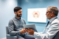 Doctor consults with a patient in a medical office. A kidney diagram is displayed on a screen behind them. The scene features a male doctor and patient, utilizing a tablet during the consultation in a modern, blue-toned environment. Healthcare, consultation, and medical imaging are key themes.
