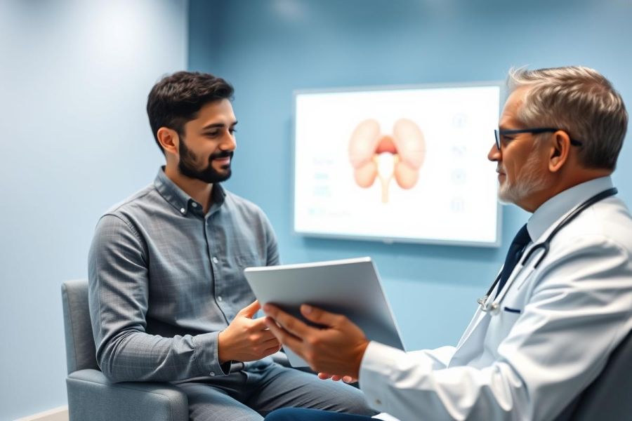 Doctor consults with a patient in a medical office. A kidney diagram is displayed on a screen behind them. The scene features a male doctor and patient, utilizing a tablet during the consultation in a modern, blue-toned environment. Healthcare, consultation, and medical imaging are key themes.