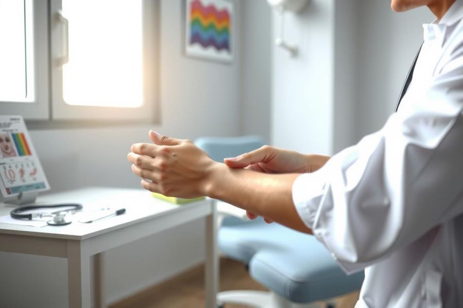 Doctor examining patient's arm in a clinic setting. The medical professional is wearing a white coat and stethoscope. The room features blue chairs and a table with medical equipment.