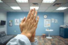 Close-up of hands against a blue wall with a printer and office furniture. The image features a casual, workplace environment with visible posters and a modern aesthetic.