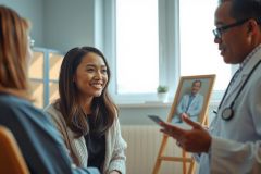 Doctor consults with a patient in a bright office setting. Warm tones and natural light create a welcoming atmosphere. Focus on healthcare consultation and patient care.