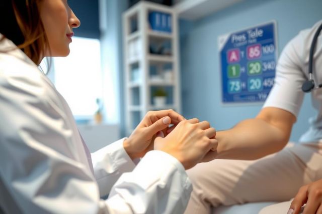 A doctor in a white coat comforts a patient, offering support and empathy in a medical office setting. Warm lighting highlights the comforting interaction.