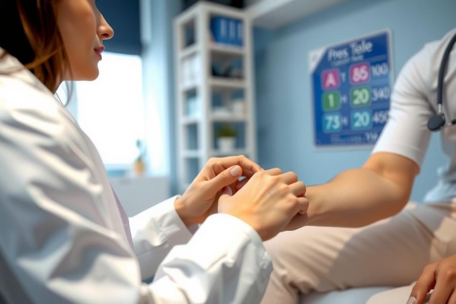 A doctor in a white coat comforts a patient, offering support and empathy in a medical office setting. Warm lighting highlights the comforting interaction.