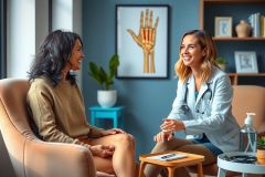 Doctor consults patient in a modern office setting. Warm beige chairs, blue walls, and a plant create a welcoming atmosphere. Focus on healthcare, consultation, and a comfortable environment.
