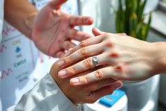 Close-up of two hands gently touching, showcasing a ring on one hand. The background features a blue medical gown. Focus is on connection and a subtle medical setting.