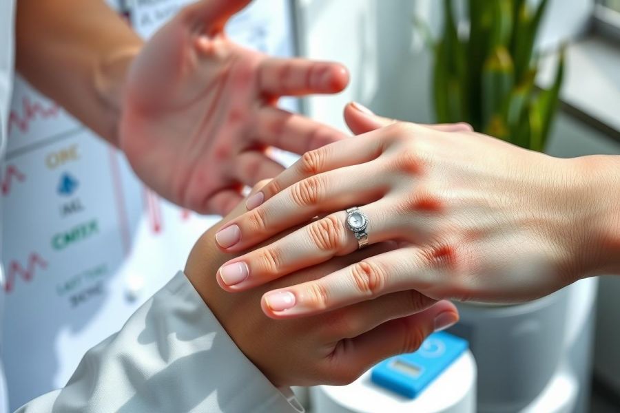 Close-up of two hands gently touching, showcasing a ring on one hand. The background features a blue medical gown. Focus is on connection and a subtle medical setting.