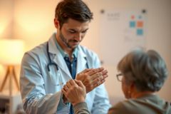 Doctor examining patient's wrist during medical consultation. Healthcare professional in white coat and stethoscope is checking patient's hand. Close-up view in a clinical setting.