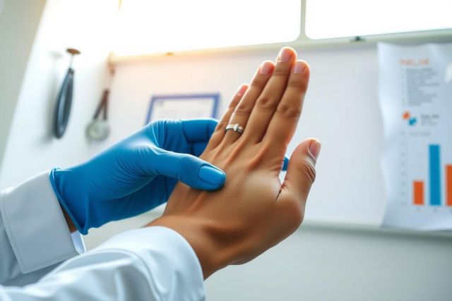 Person in a white coat and blue gloves, likely in a lab setting. Focus on hands, possibly demonstrating hygiene or handling samples. Whiteboard and graph visible in background.