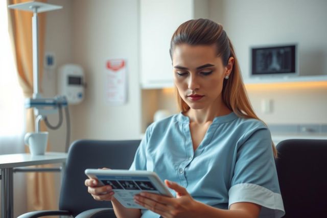 A female nurse in a hospital setting is using an electronic tablet to review patient data. The nurse is dressed in scrubs, and the environment suggests a medical facility with professional equipment nearby.