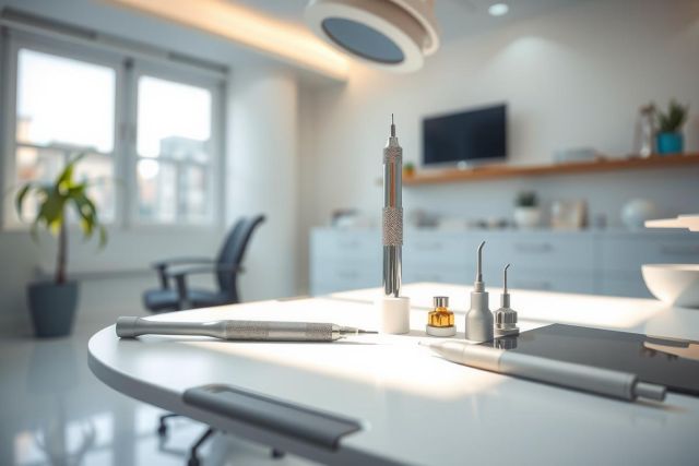 Dental tools and equipment on a white dental workstation. Modern dental office setting with a bright, clean aesthetic. Focus on instruments and hygiene.