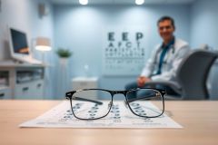 Eye exam scene: Glasses rest on an eye chart in an optometrist's office. A doctor in a white coat is blurred in the background. Blue walls and soft lighting create a clinical setting. Focus on vision care and eye health.