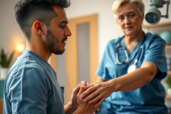 Doctor examining a patient's hands in a clinic setting. The healthcare professional wears a blue scrubs and stethoscope. Focus on a medical check-up, patient care, and professional environment.