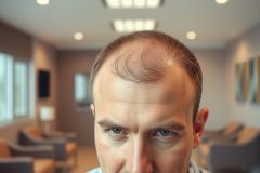 Close-up portrait of a man with receding hairline, showcasing hair loss and a concerned expression. The background features a blurred waiting room with neutral colors like beige and gray, suggesting a medical or salon setting. Focus on facial features and hair condition, relevant for hair restoration or alopecia searches.
