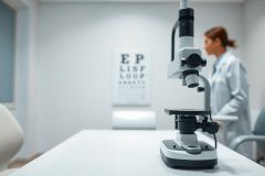 Microscope in an eye exam room. A medical professional in a white coat stands blurred in the background near an eye chart. Focus is on the microscope, suggesting ophthalmology, vision testing, or medical research. Clean, bright, and modern clinical setting.
