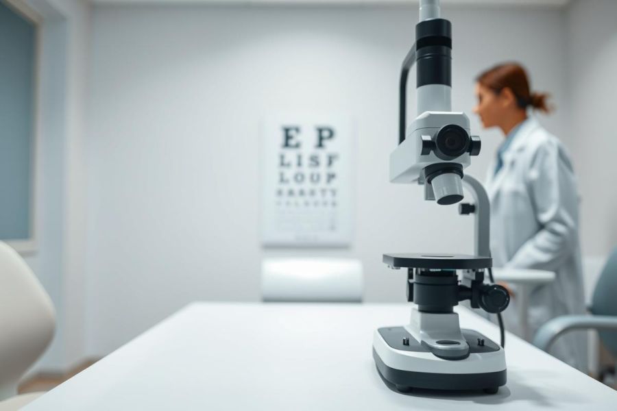 Microscope in an eye exam room. A medical professional in a white coat stands blurred in the background near an eye chart. Focus is on the microscope, suggesting ophthalmology, vision testing, or medical research. Clean, bright, and modern clinical setting.