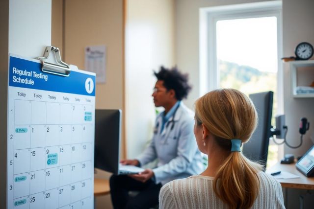 A doctor's office with a calendar, indicating it is a regional testing schedule. A patient and doctor are discussing medical matters.