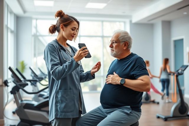 Healthcare professional assists senior man in a modern gym setting. Focus on patient care, physical therapy, and wellness. Blue scrubs, glasses, and exercise equipment visible. Bright, airy environment promotes healthy aging and rehabilitation.
