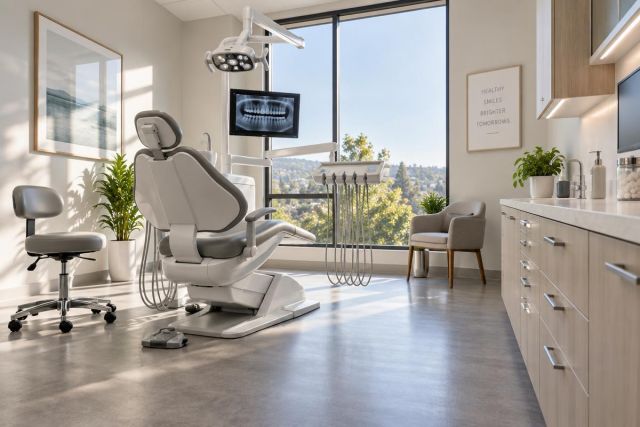 Bright modern dental exam room with chair, X‑ray monitor, instruments, and large window view.