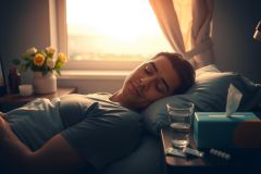 A young man lying in bed with a peaceful expression on his face. The room has warm, soft lighting and appears to be a calm, relaxed environment.