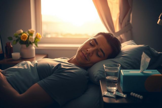 A young man lying in bed with a peaceful expression on his face. The room has warm, soft lighting and appears to be a calm, relaxed environment.