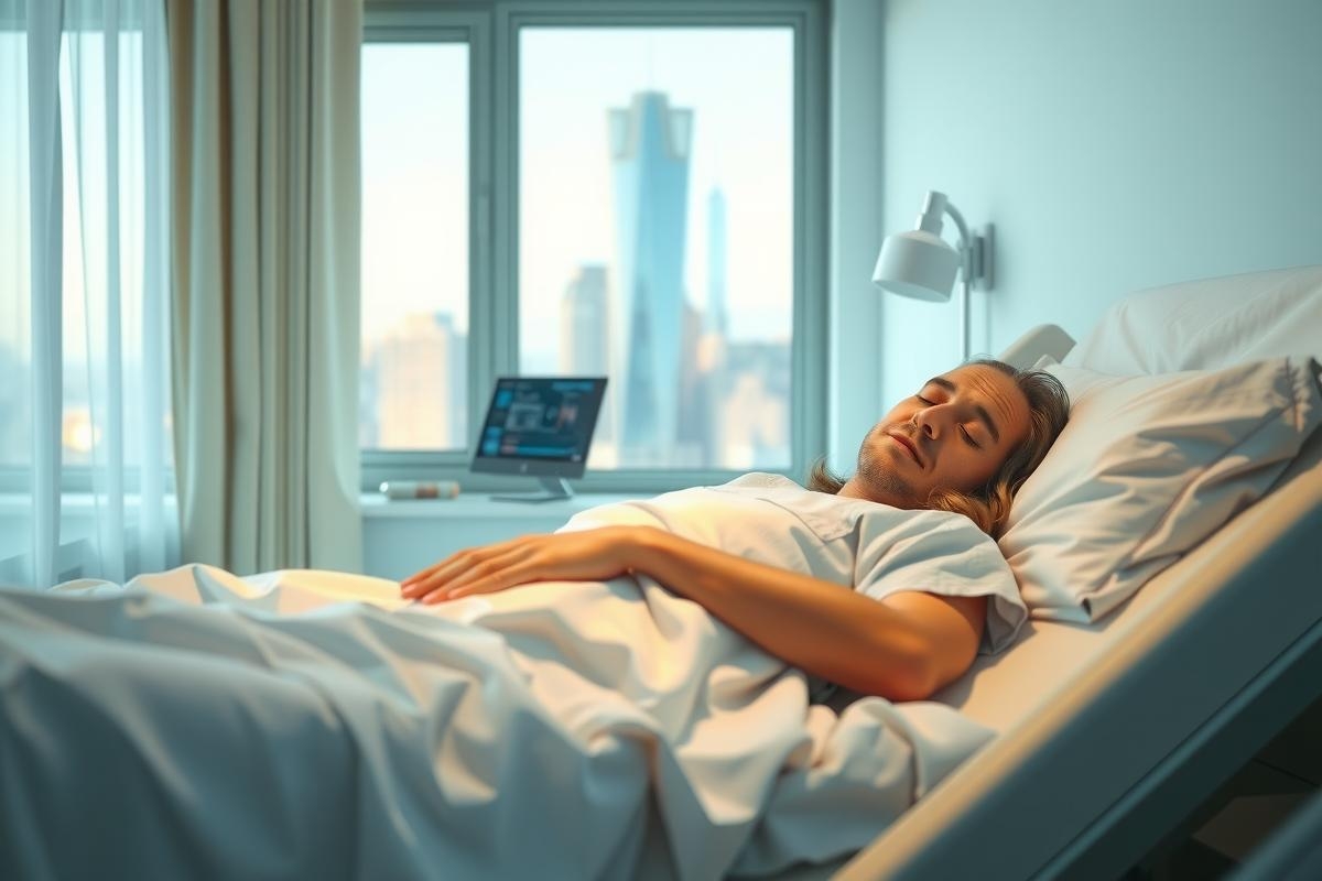 A man is lying in a hospital bed with white sheets. He appears to be resting or possibly experiencing discomfort, indicated by his hand placed on his stomach.