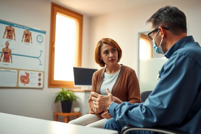 The image depicts a medical consultation between a patient and a doctor in an office setting. The female patient is sitting on a couch while the male doctor sits across from her, wearing a gown and mask, emphasizing hygiene protocols.