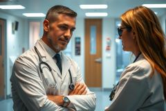 The image depicts a clinical setting, possibly a hospital or medical office. There are two individuals who appear to be doctors, identifiable by their white coats and stethoscopes around their necks.