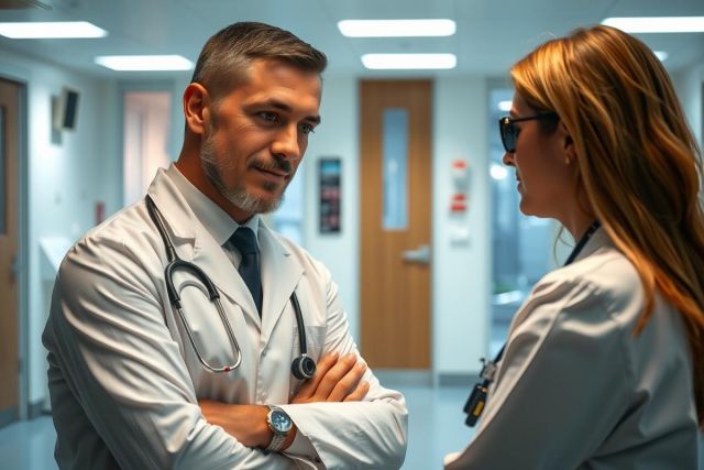 The image depicts a clinical setting, possibly a hospital or medical office. There are two individuals who appear to be doctors, identifiable by their white coats and stethoscopes around their necks.
