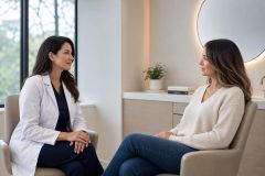 Doctor consulting calmly with patient in a modern clinic consultation room, discussing treatment options.