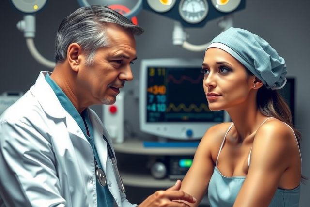 A scene from a medical drama, featuring two characters: an older doctor in a white coat and a younger woman in a medical gown. They are engaged in a conversation, with the doctor showing concern on his face. The setting is an intensive care unit with medical equipment visible in the background.