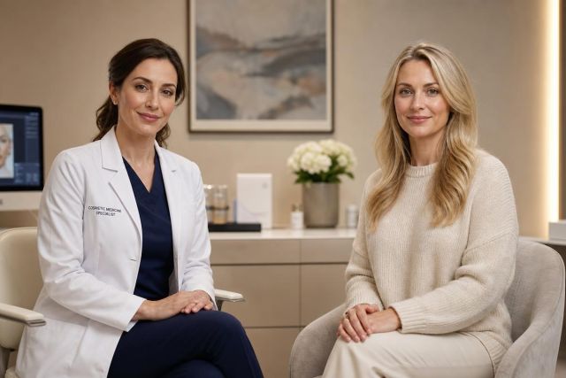 Doctor consulting a smiling patient in a calm cosmetic clinic consultation room.