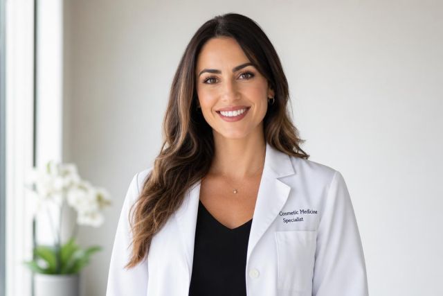 Smiling cosmetic medicine specialist in white coat in a calm clinic portrait.