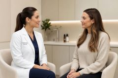 Doctor and patient discussing cosmetic consultation in a calm clinical office, seated face-to-face.